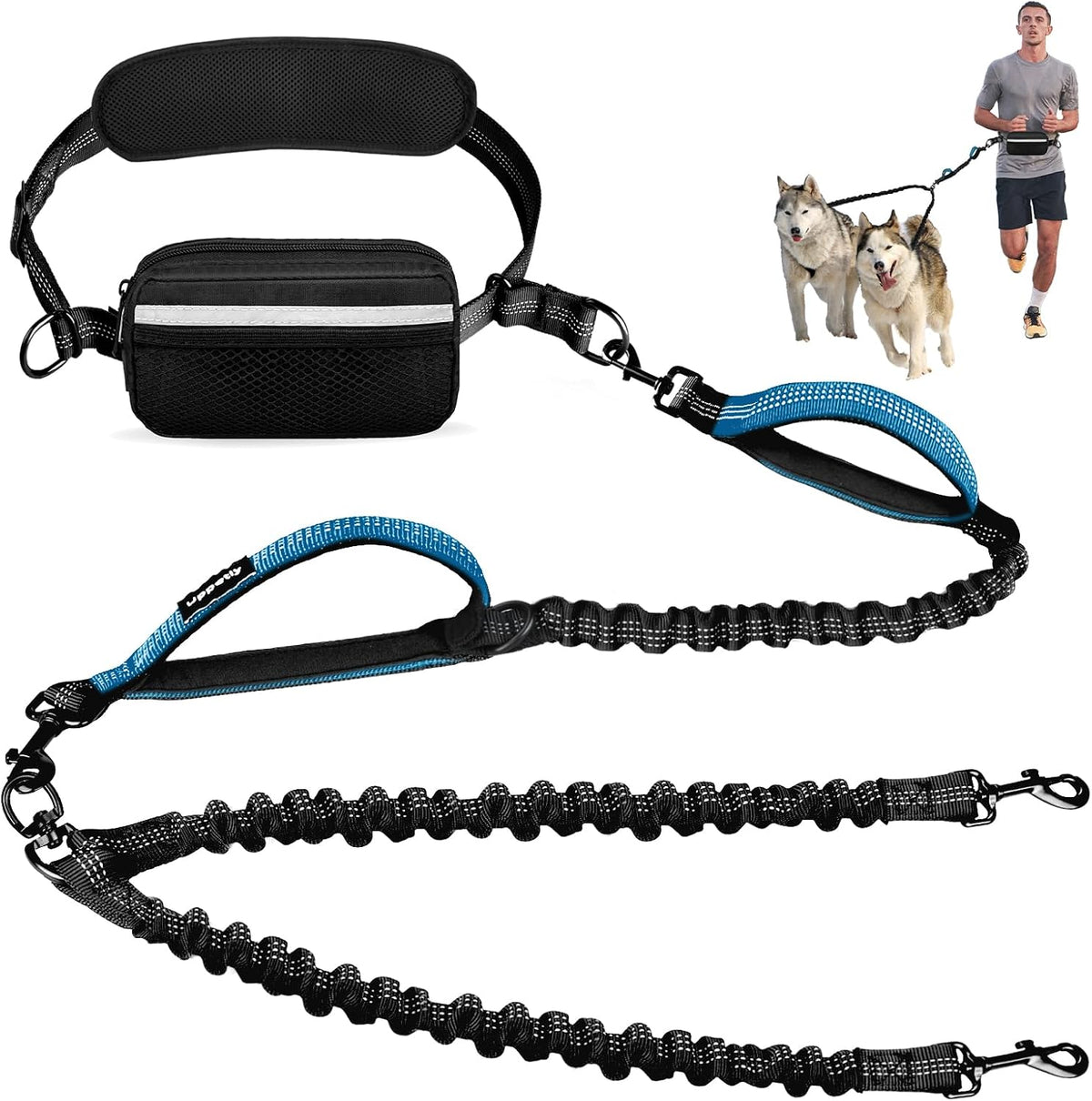 Uppetly Hands Free Double Dog Leash with Pouch - Blue / Medium/Large