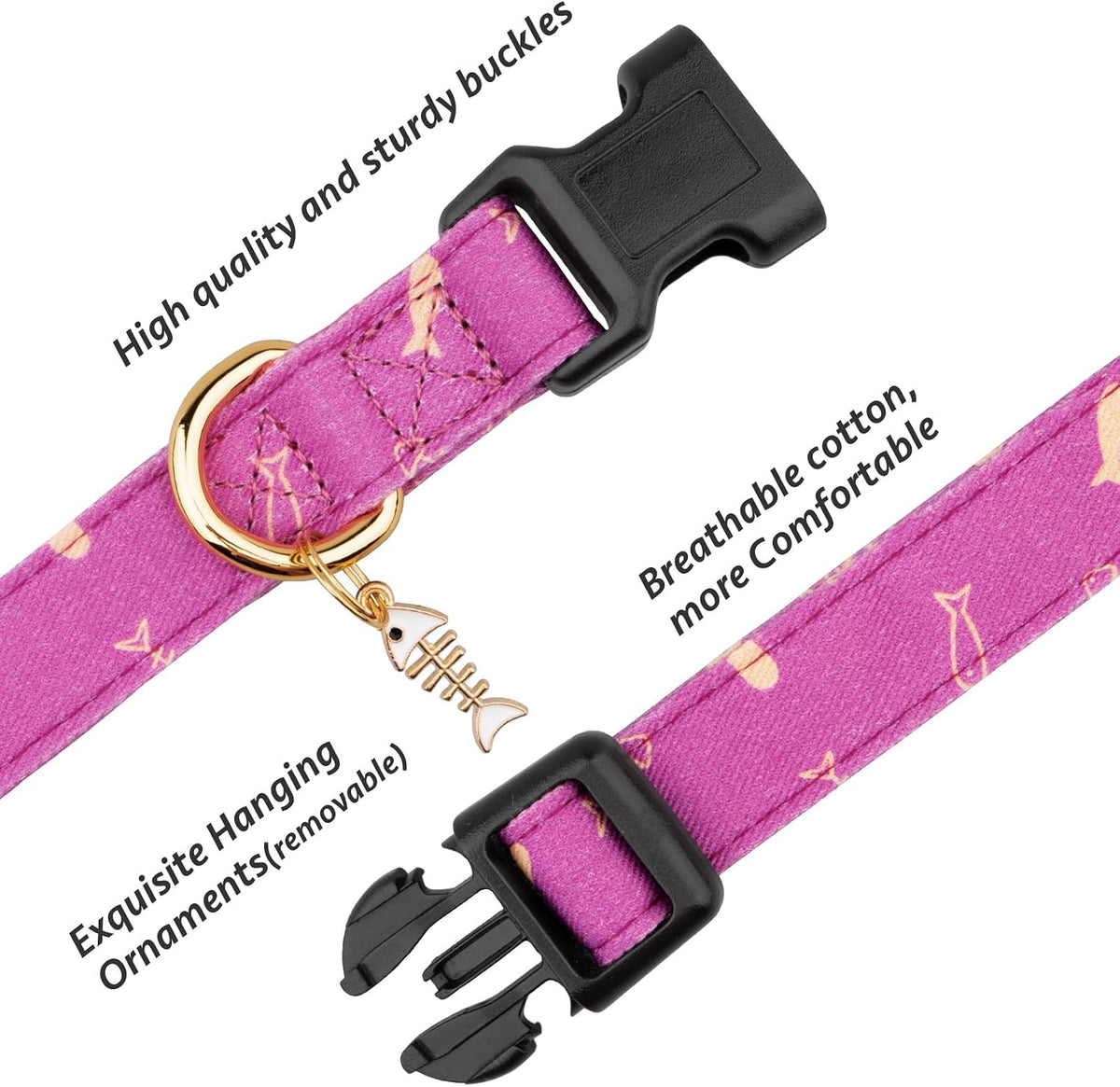 Cotton Dog Collar White and Pink Love Heart with Pendant Cute Dog - Purple Fish / S - image 2