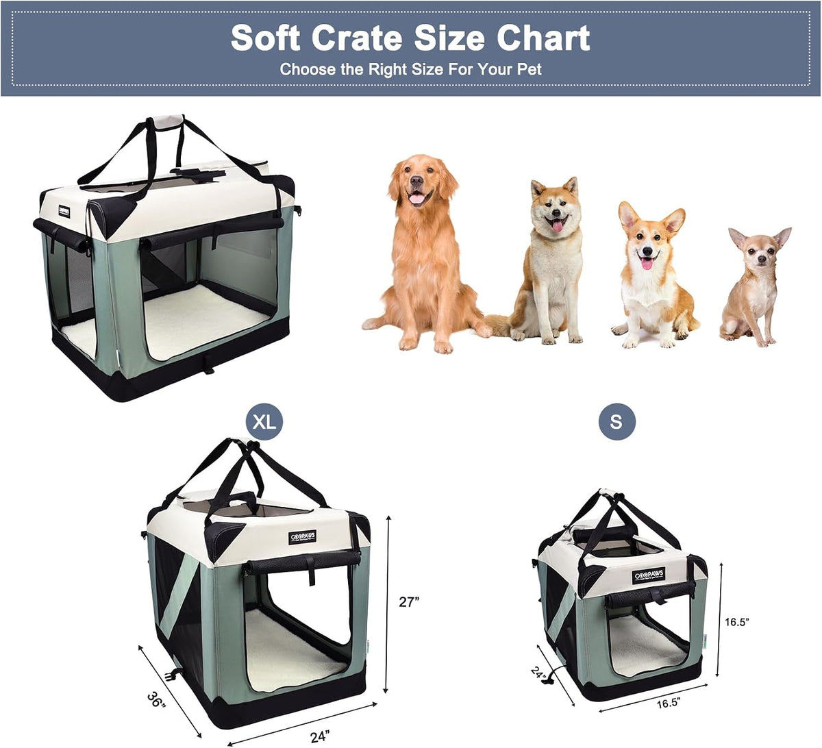 JESPET 3 Door Soft Dog Crates Kennel - 1-Shale Green / Small(24"L x 16.5"W x 16.5"H) - image 3