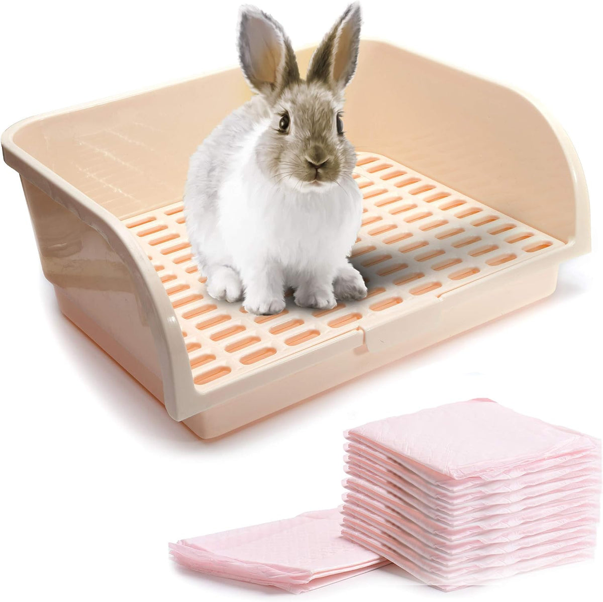 CalPalmy X-Large Rabbit Litter Box with 10PCS Bonus Pads, Drawer - X-Large (10pcs Pee Pads) / Cream (Steady Bottom)