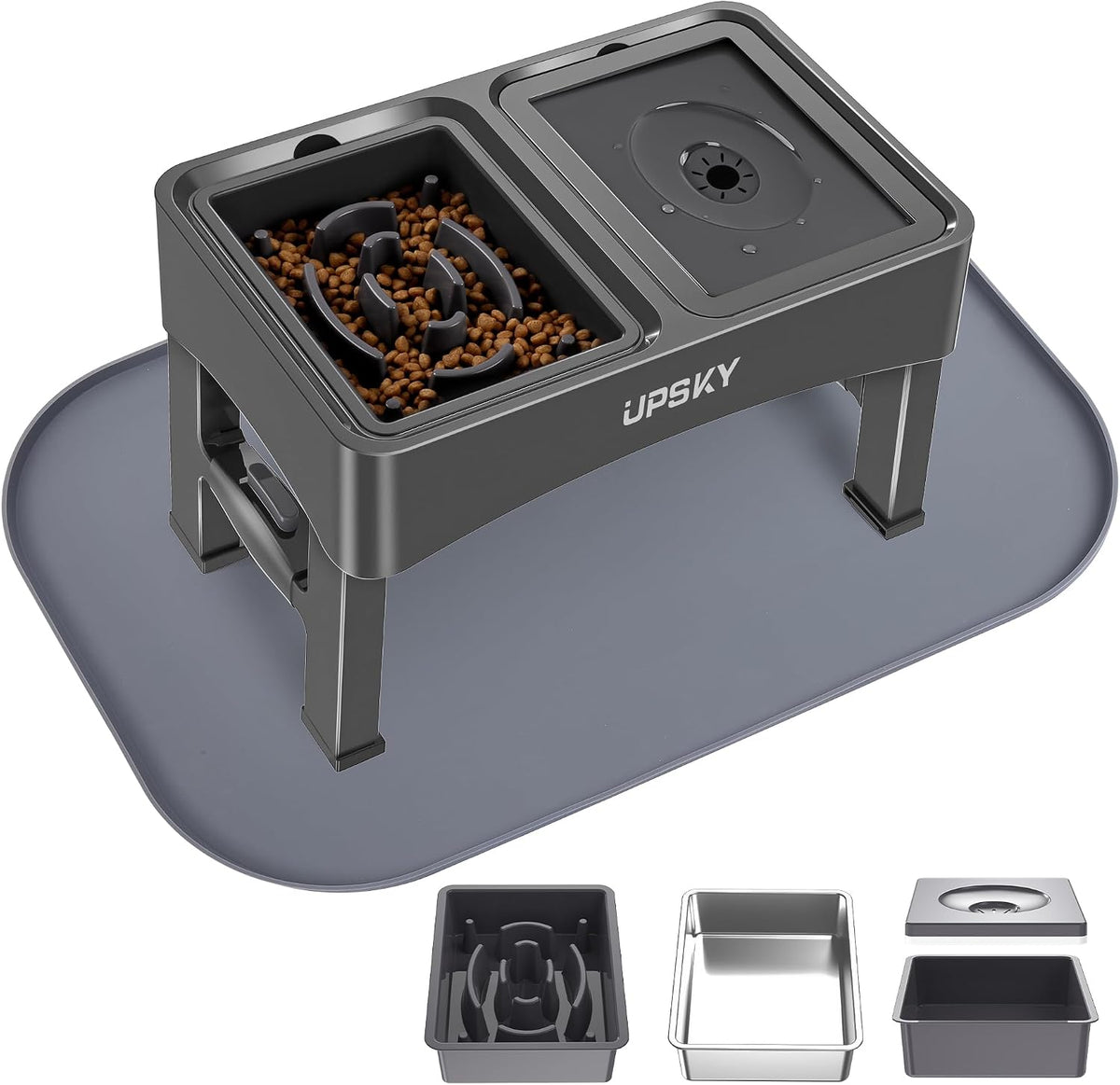 UPSKY 2-in-1 Elevated Dog Bowls Set with 4 Height Adjustable Stand - N-3 in 1 with Mat (Grey)