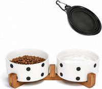 Ceramic Cat Dog Bowl Set with Stand - Black Dot / 850ML*2