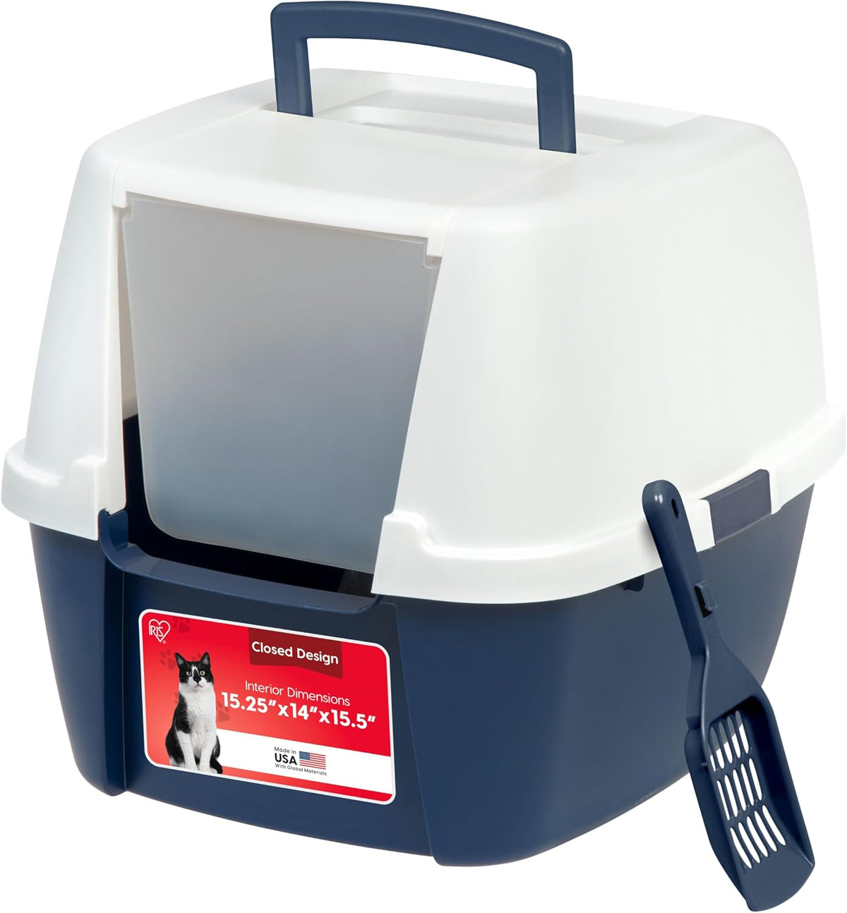 IRIS USA Large Front Door Cat Litter Box, Walk-in Entry - Jumbo Enclosed / Navy