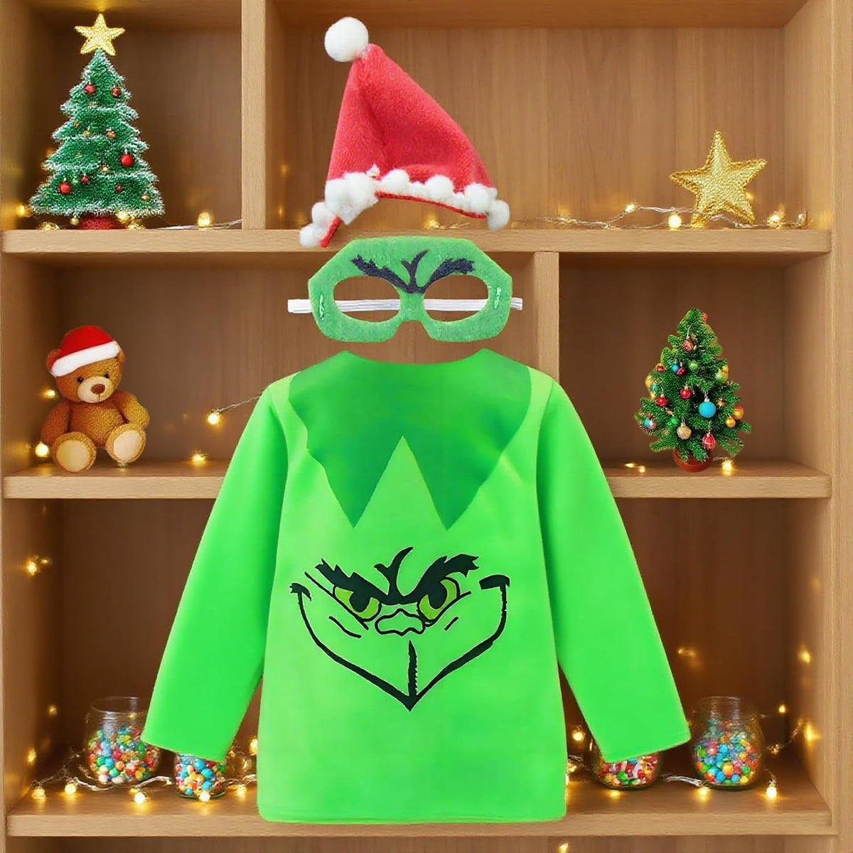 AimatRun Christmas elf doll clothes with green hat, eye patch and monster print outfit - view 2