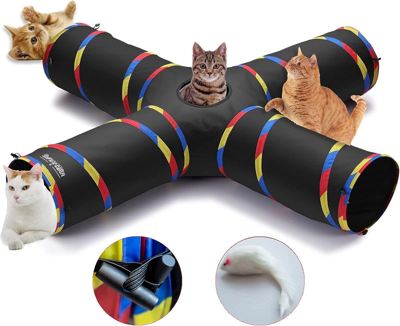 4 Way Cat Tunnels for Indoor Cats with Mouse Toy & Play Ball – Essentials for Cats