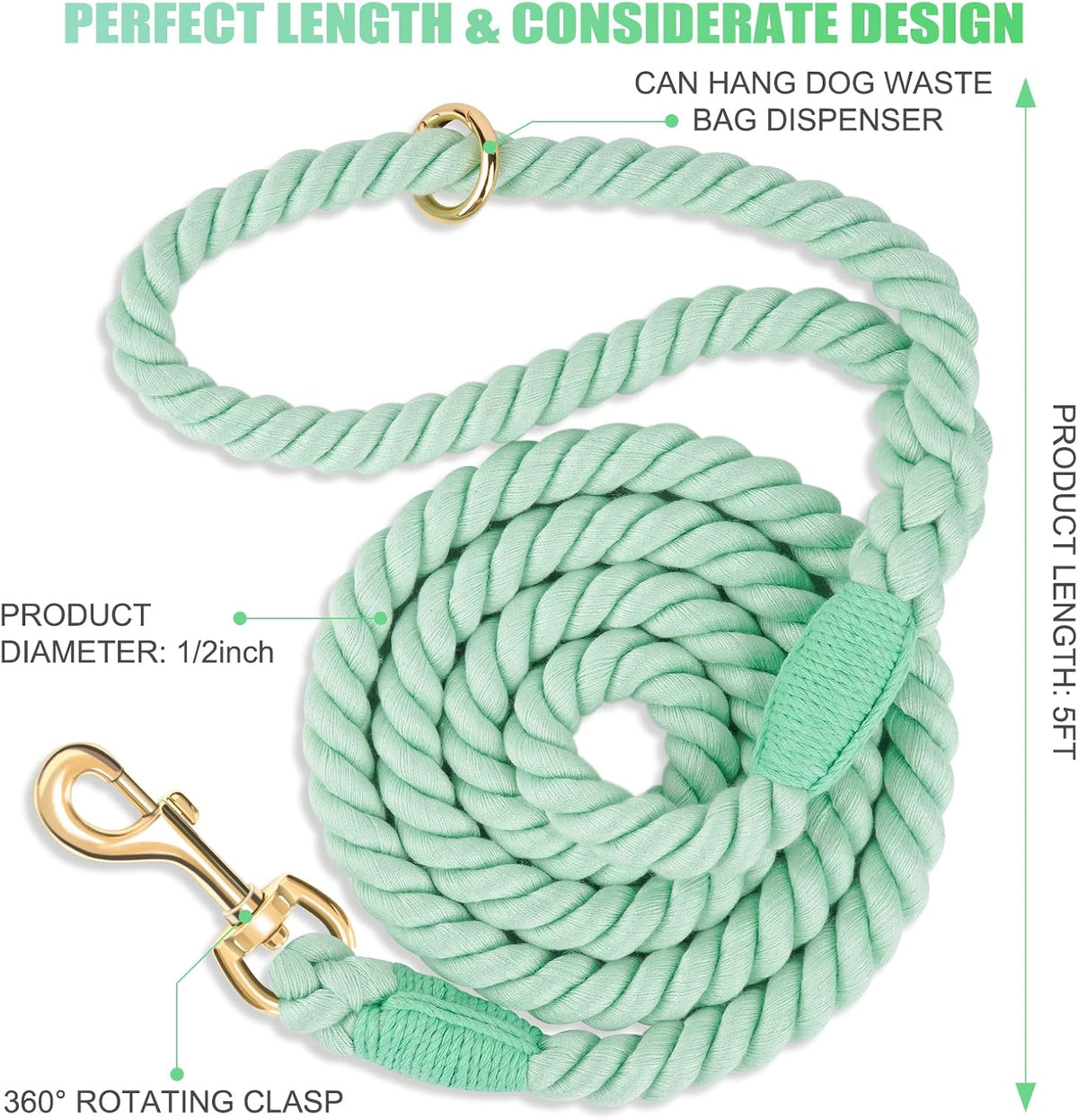5 FT Handmade Rope Dog Leash for Small Medium and Large Dogs – Essentials for Dogs - 5FT x 1/2in (Pack of 1) / Light Green - image 2