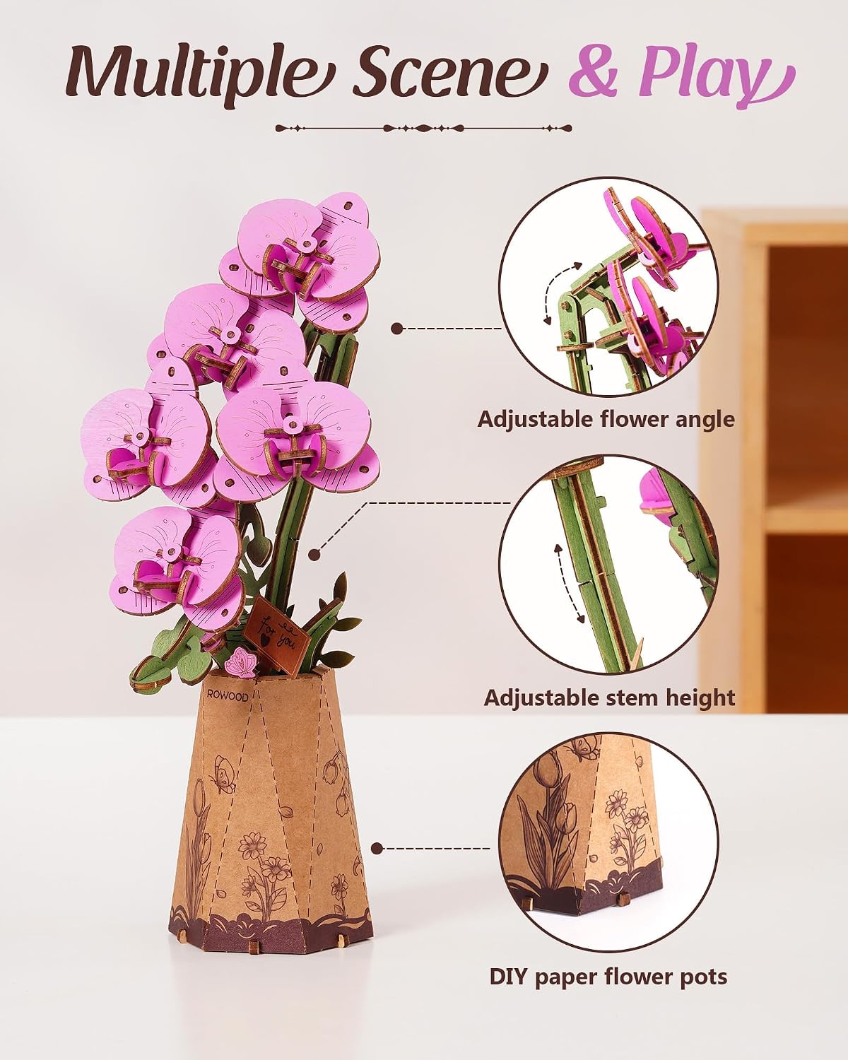 rowood 3D Puzzles for Adults - Purple Moth Orchid - image 4