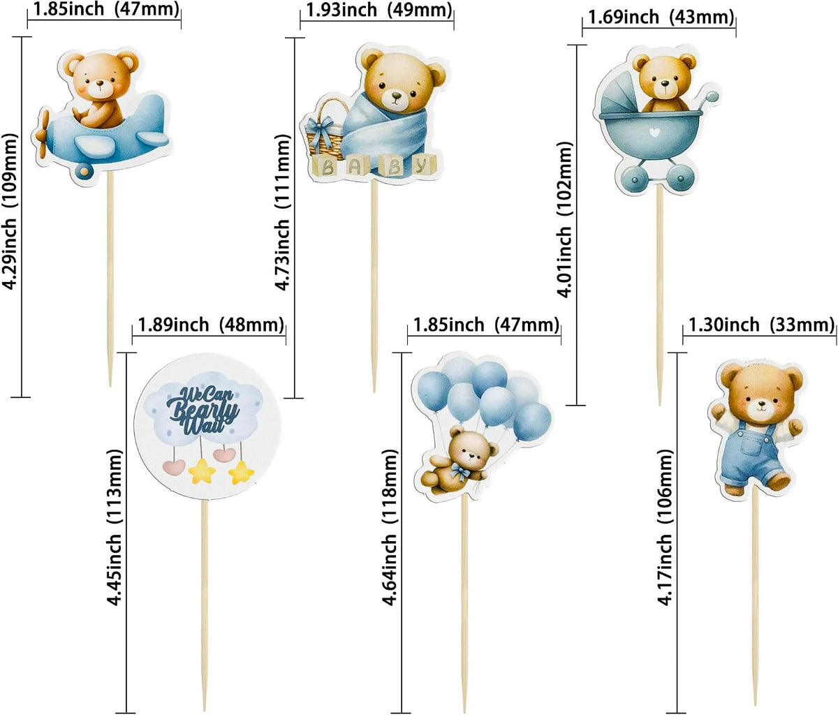 Gyufise 36Pcs Baby Shower Bear Cupcake Toppers Moon Baby Bear Baby - Blue Coffee - image 2
