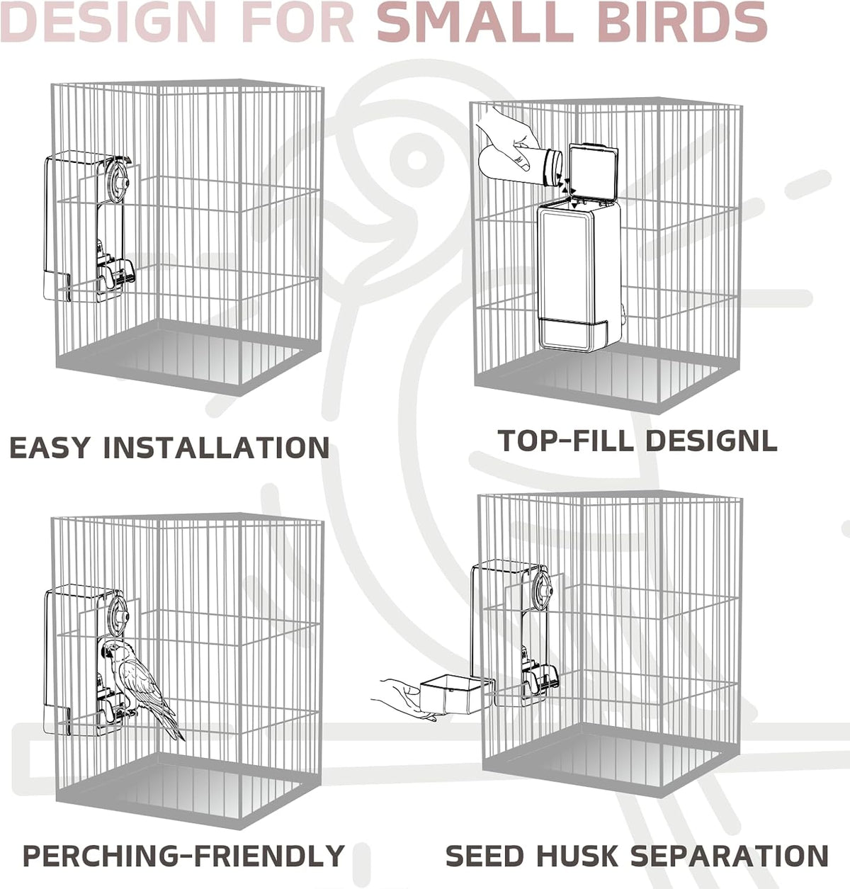 Automatic Bird Feeder, Bird Cage Feeder with Perch for Parakeet Canary Cockatiel Finch – Essentials for Birds - Pink - image 3