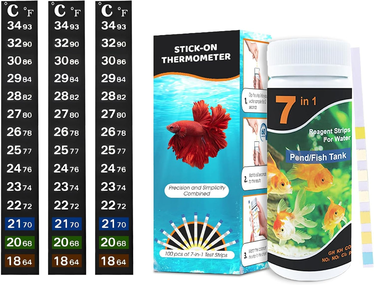 SunGrow Betta Fish Tank Thermometer Stick On - 100 Strips + 3 Thermometers