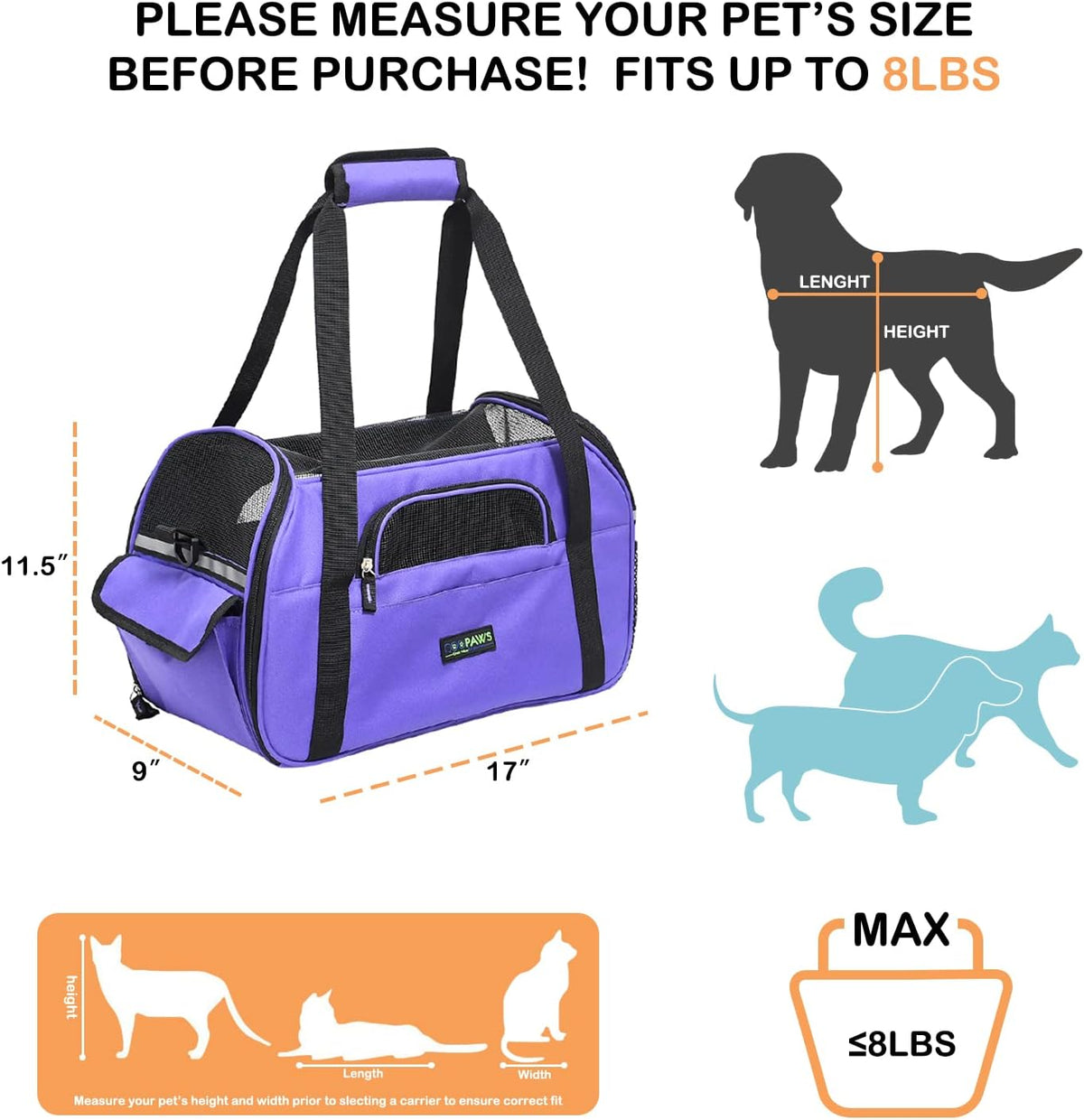 JESPET Soft-Sided Airline-Approved Dog & Cat Carrier Travel Bag – Essentials for Cats - 17.0"L x 9.0"W x 11.5"H / Purple - image 2