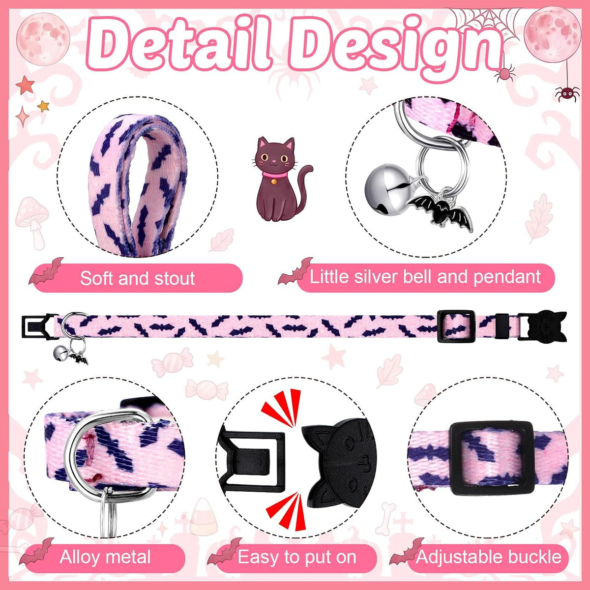 8 Pcs Halloween Cat Collars Breakaway with Bell - Pink Halloween - image 2