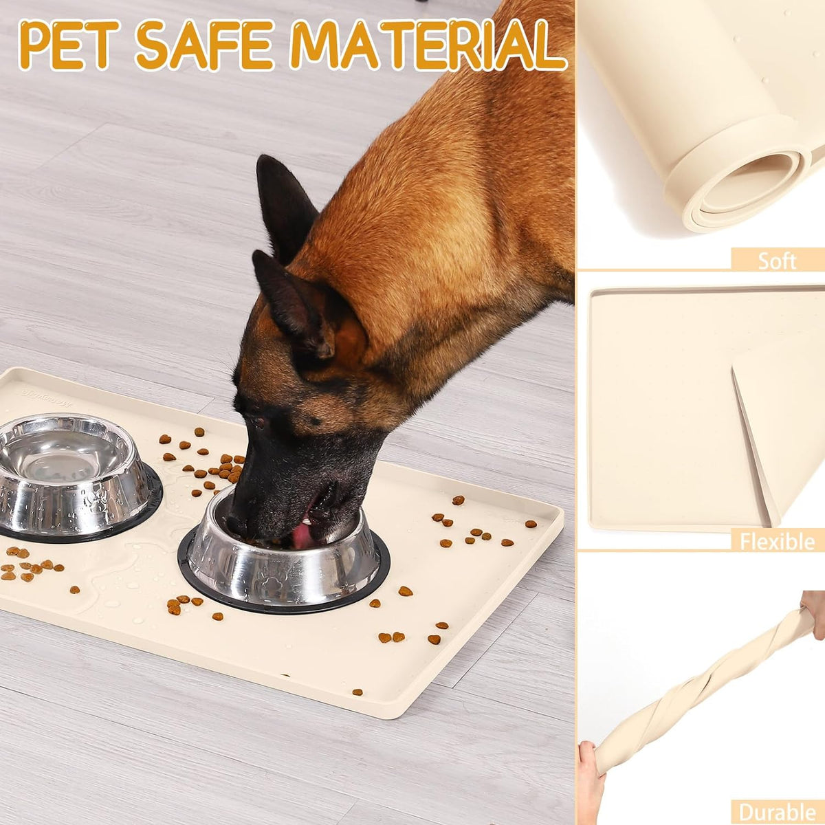 MateeyLife Silicone Cat & Dog Food Mat for Floors Waterproof - Beige / 22"L x 14"W - image 3