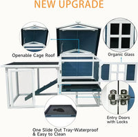 Large Outdoor Rabbit Hutch Weatherproof 2-Story Chicken Coop & Bunny Cage, Wooden Indoor/Outdoor Pet House with No-Leak Tray, Waterproof Roof & Pull-Out Tray (56.8" L x 34.7" H, Grey Blue&White)