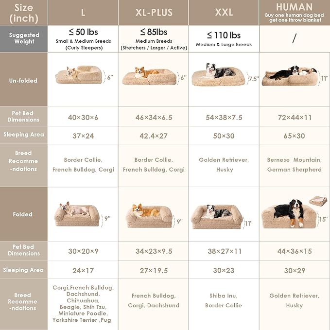 EHEYCIGA Foldable XL Dog Bed, Faux Fur Fluffy Pet Couch Bed for Large Dogs, Orthopedic Calming Memory Foam Big Pet Bed, Washable Soft Pet Sofa Bed with Non-Slip Bottom, Camel, 46"x34"x6.5"