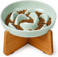 Melamine Slow Feeder Cat Bowls, Dishwasher Safe - Green + Bamboo Base / 7"H