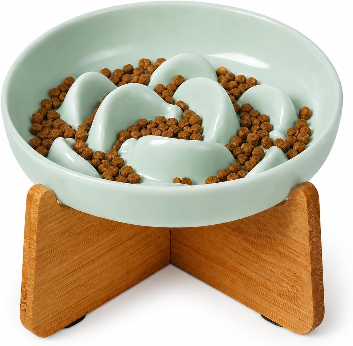 Melamine Slow Feeder Cat Bowls, Dishwasher Safe - Green + Bamboo Base / 7"H