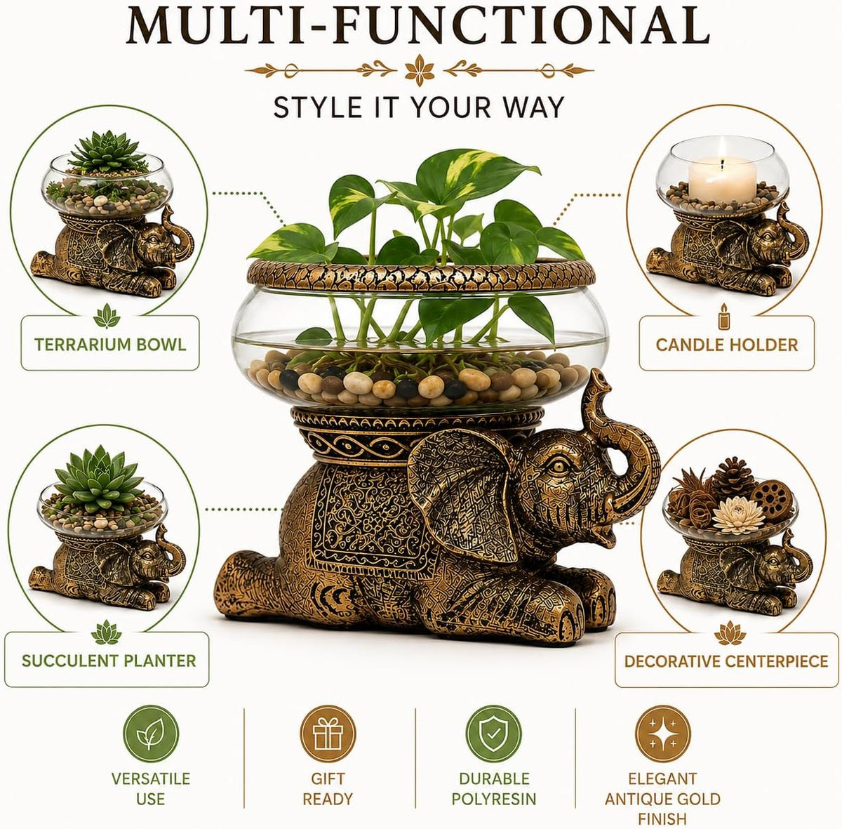 Elephant Decorative Bowl with Removable Glass Vessel - image 2