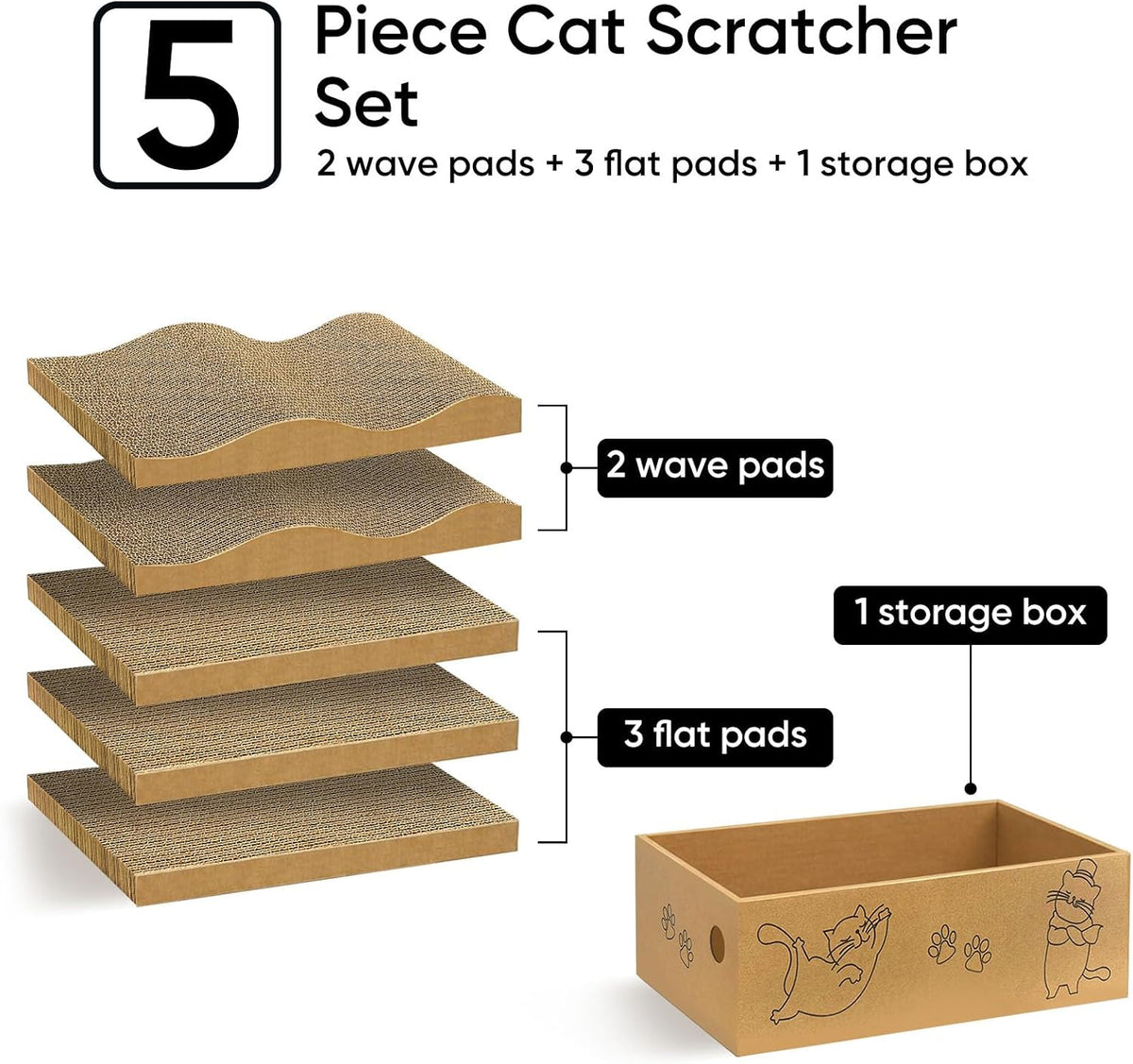 Cat Scratcher, 5 Packs in 1 Cardboard Box Cat Scratching Pad, Large – Essentials for Cats - 2 Wave 3 Flat with Box - image 2