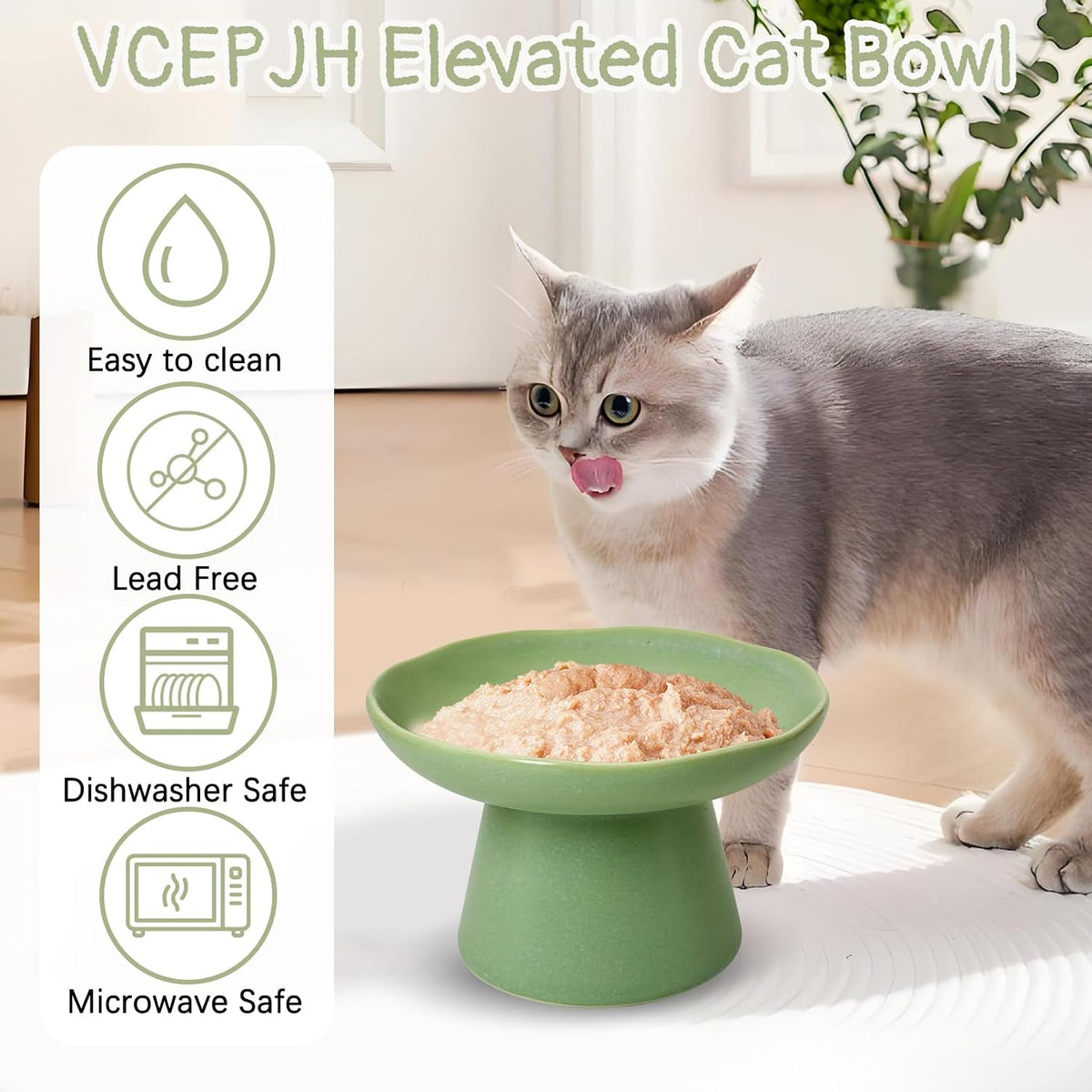 VCEPJH Elevated Cat Bowls 6.1in Wide Shallow Ceramic Raised Food Dish – Essentials for Cats - Green(Pack of 1) - image 3