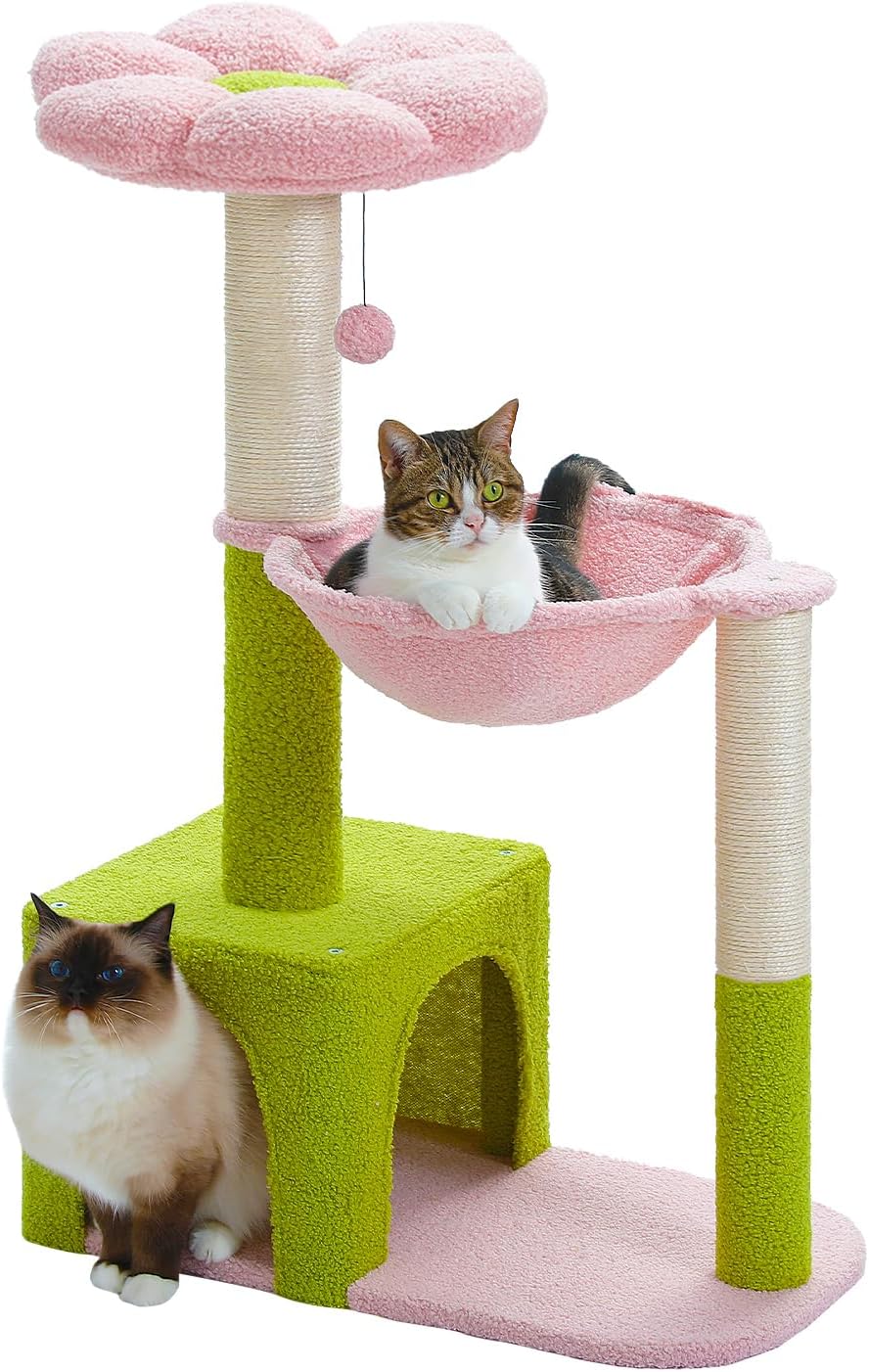 Flower Cat Tree with Large Metal Frame Hammock - 35" Upgraded Flower Cat Tree / Pink