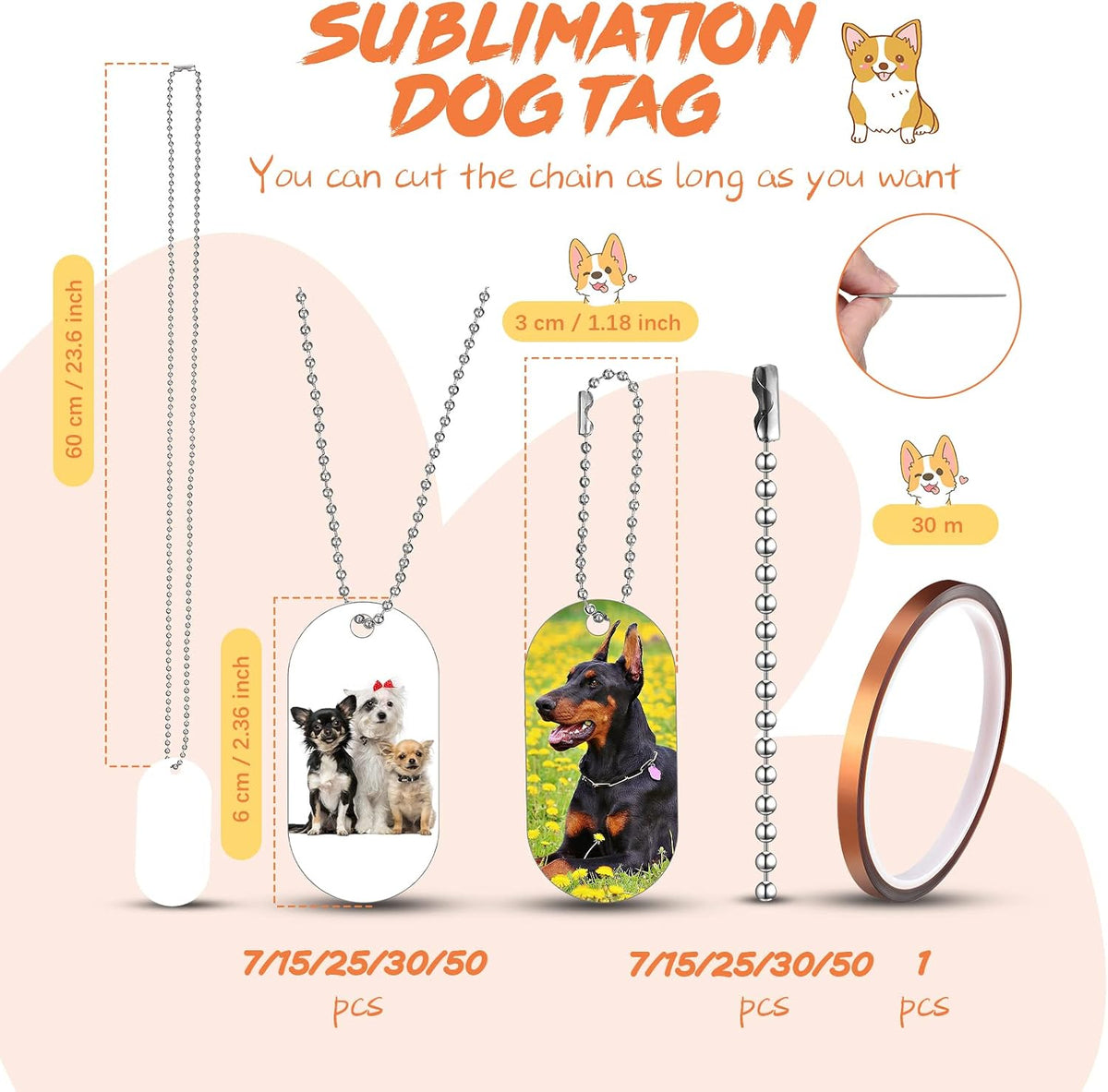 Hicarer 50 Sets Sublimation Blank Dog Tags with Chain Necklace - 15 - image 2