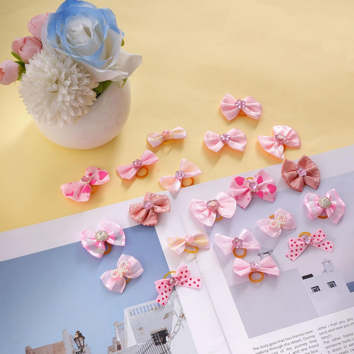 20PCS Cute Dog Hair Bows with Rubber Bands Handmade Mix Style - Pink / Novel Pattern - image 3