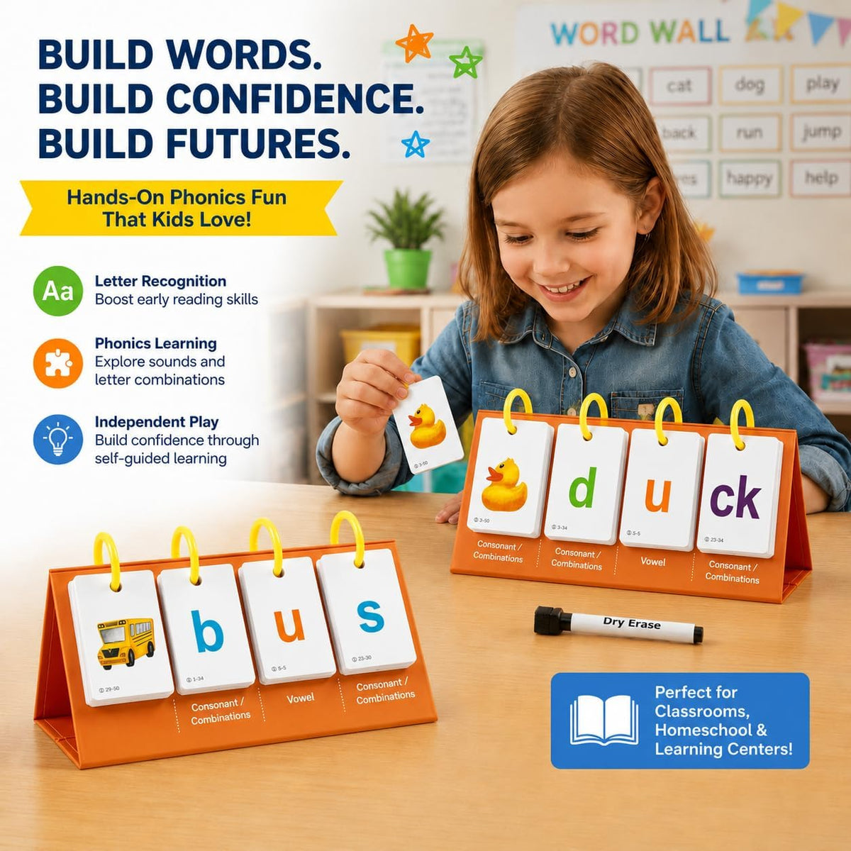 Alened phonics flash cards with CVC word builder panel, rings and picture cards - view 4