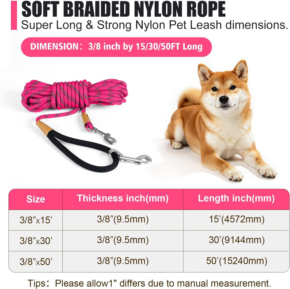 Long Dog Leash Reflective Rope Training Lead 15ft 30ft 50ft Check Cord – Essentials for Dogs - Pink / 30ft x 3/8inch - image 2