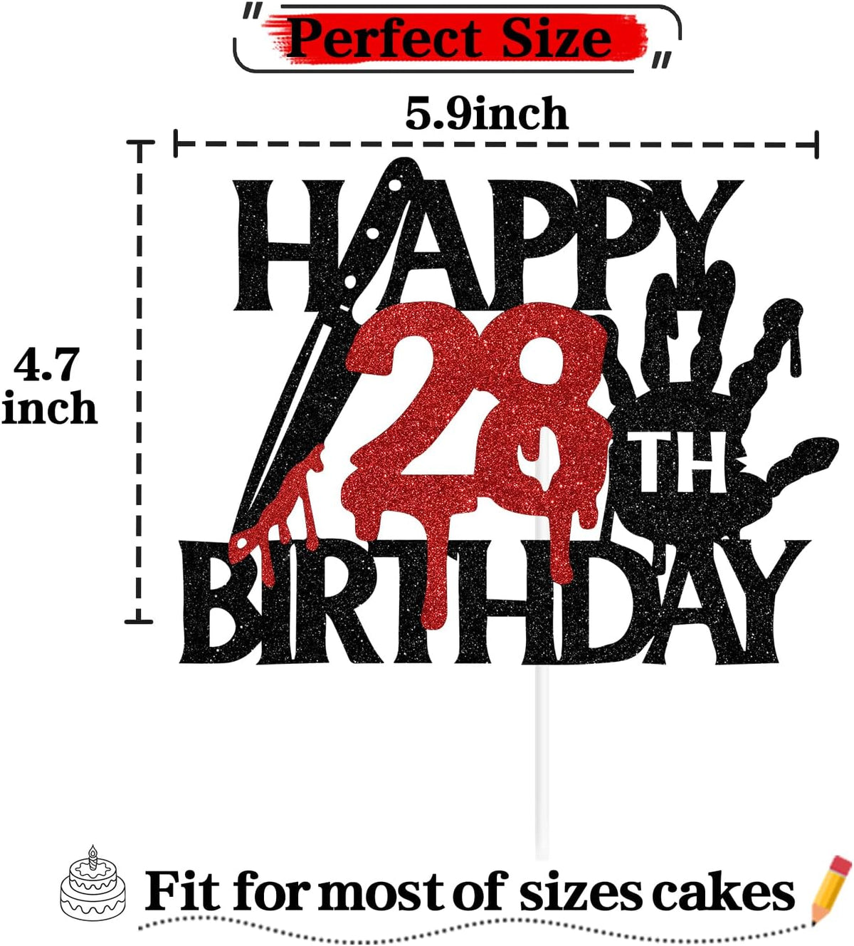 Black glitter Killer Happy 13th Birthday cake topper for a horror Halloween party - view 27