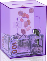 Clear Pink Piggy Bank with Lock & Key for Adults - Purple