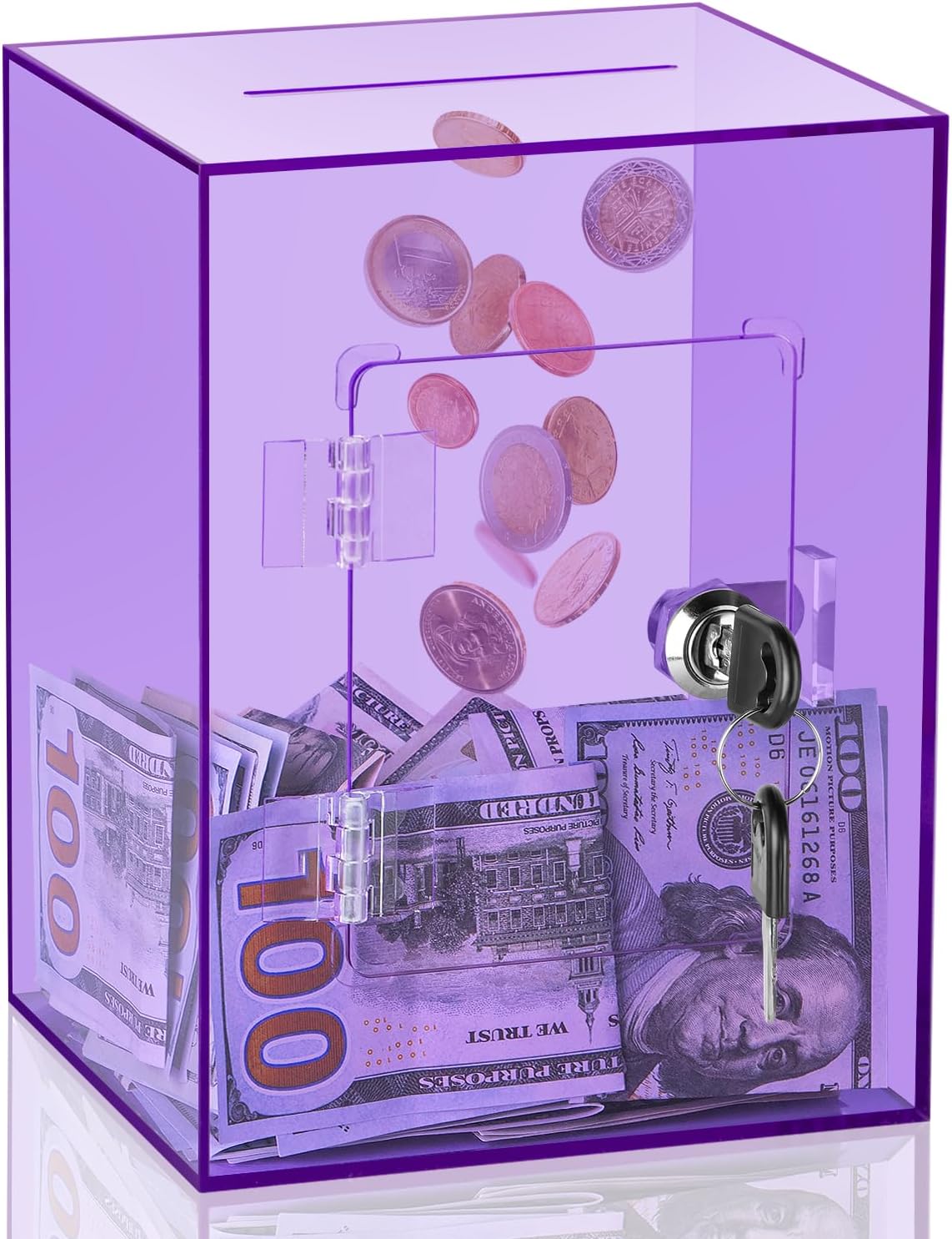 Clear Pink Piggy Bank with Lock & Key for Adults - Purple