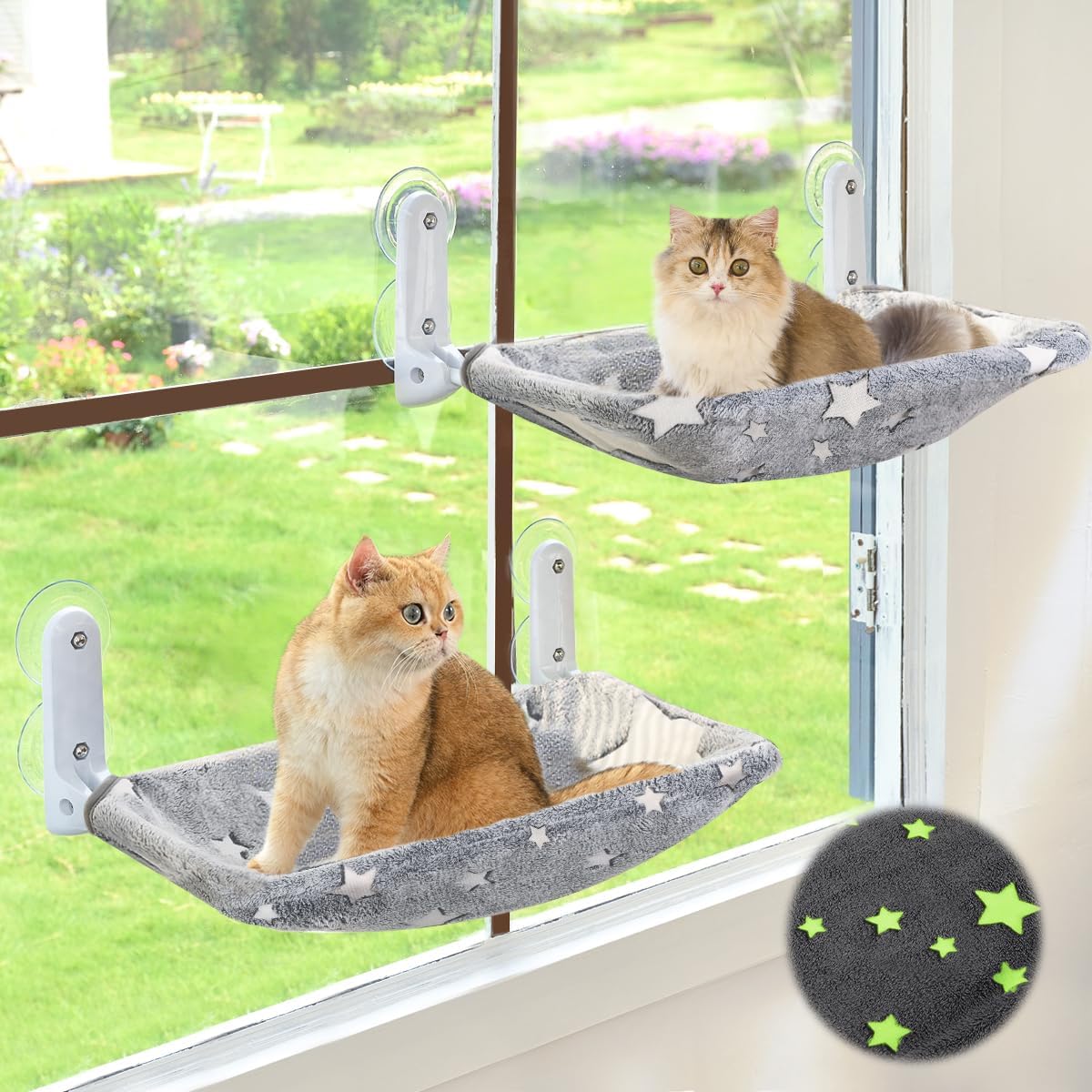 Glow in the Dark Cat Window Perch, Foldable Cordless Pet Hammock - 2PC Stars - L
