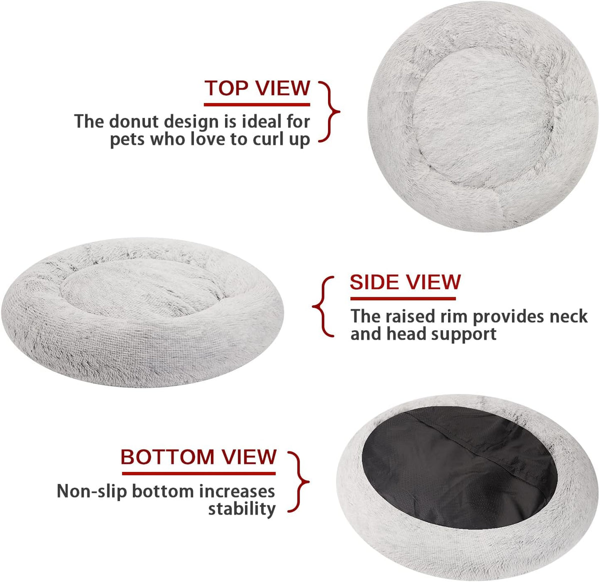 Calming Fluffy Donut Dog Bed for Large Dogs, 36" Round - 30.0"L x 30.0"W x 8.0"Th / Light Grey - image 4
