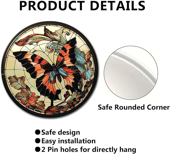 Lygond Metal Sign Tin Sign Circular Stained Glass Butterfly Decor Outdoor for Restaurant 8×8 Inches