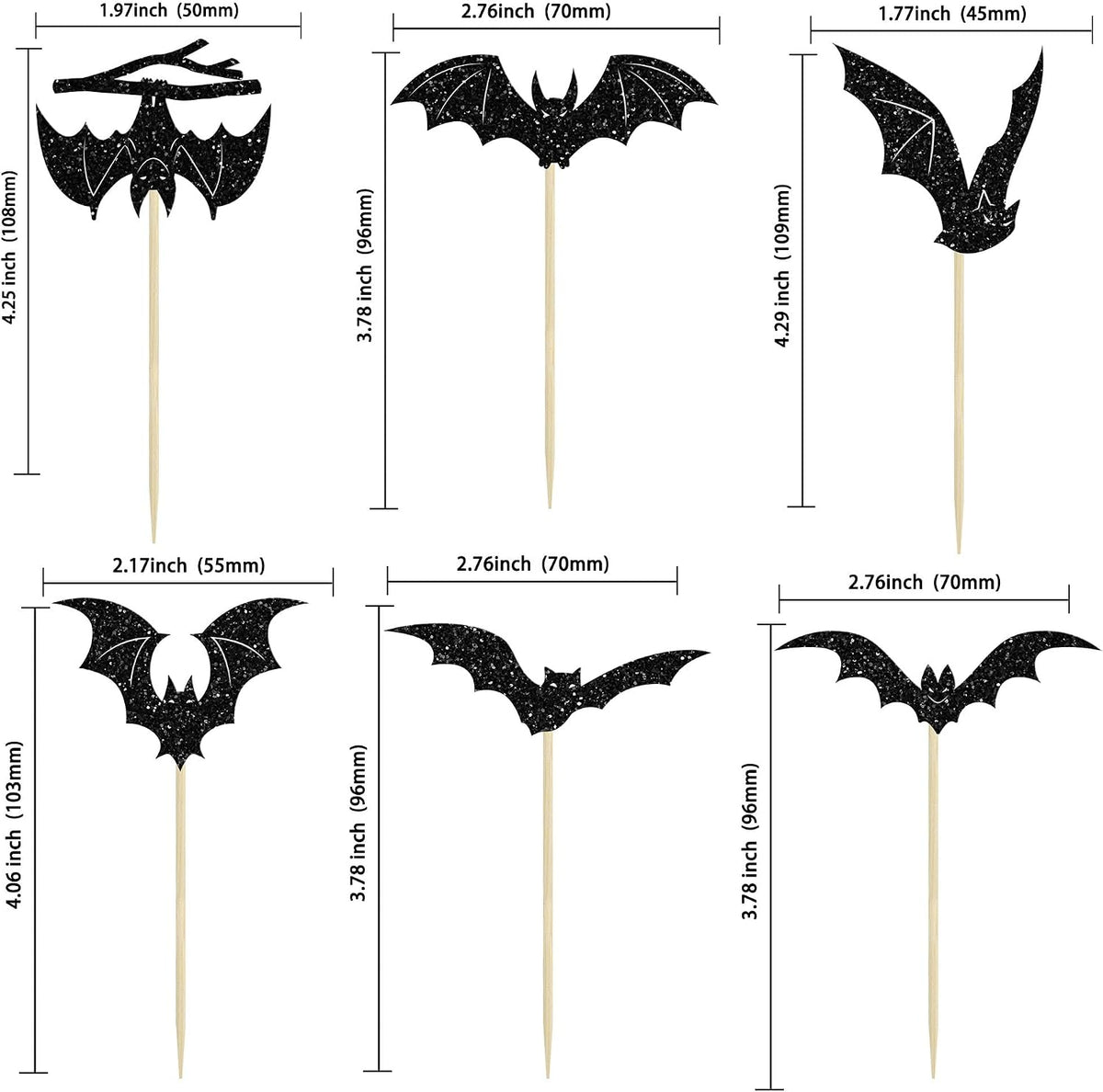 Gyufise 24Pcs Halloween Bat Cupcake Toppers Black Glitter Bat - Black With Glitter - image 2