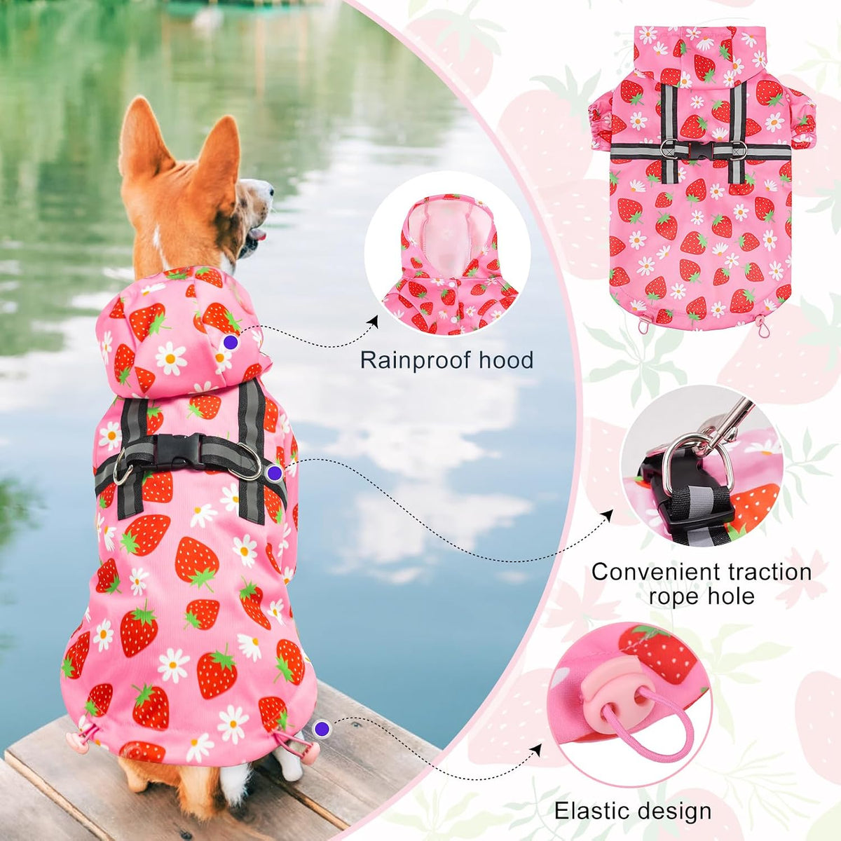 Dog Raincoats for Medium Dogs, Waterproof Rain Jacket with Hood – Essentials for Dogs - Strawberry Pink / L(Back 18.1", Chest 25.5", Neck 18") - image 3