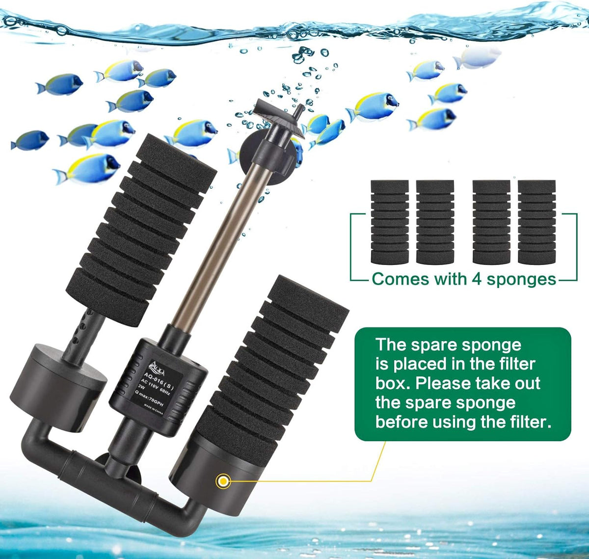 AQQA Electric Sponge Filter for Aquarium, 3W - S (3W for 10-40 gallon） - image 4