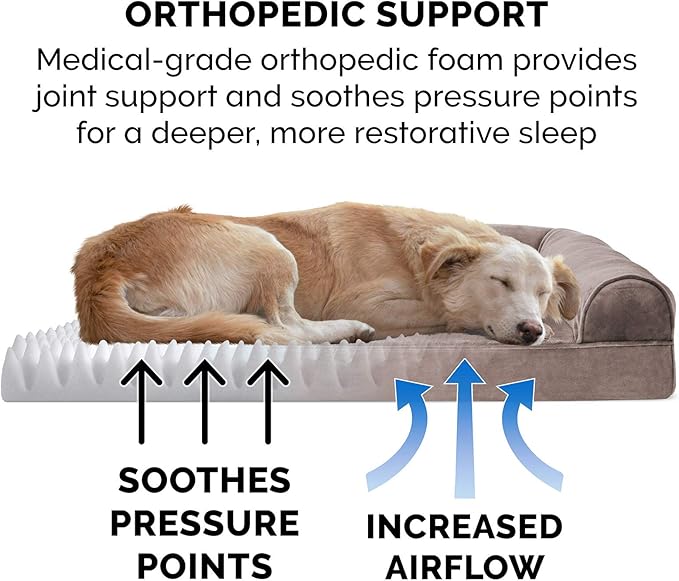 Furhaven Orthopedic Dog Bed for Large Dogs w/ Removable Bolsters & Washable Cover, For Dogs Up to 95 lbs - Faux Fur & Velvet Sofa - Driftwood Brown, Jumbo/XL