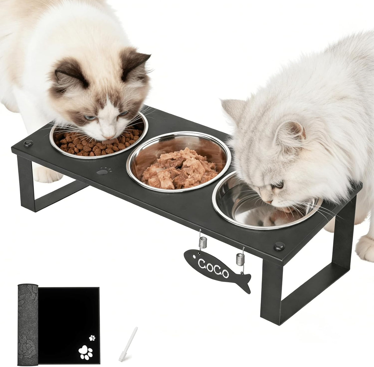 Elevated Cat Bowls with Splash Proof Mat for Kitten Puppy - Silver / 3bowls
