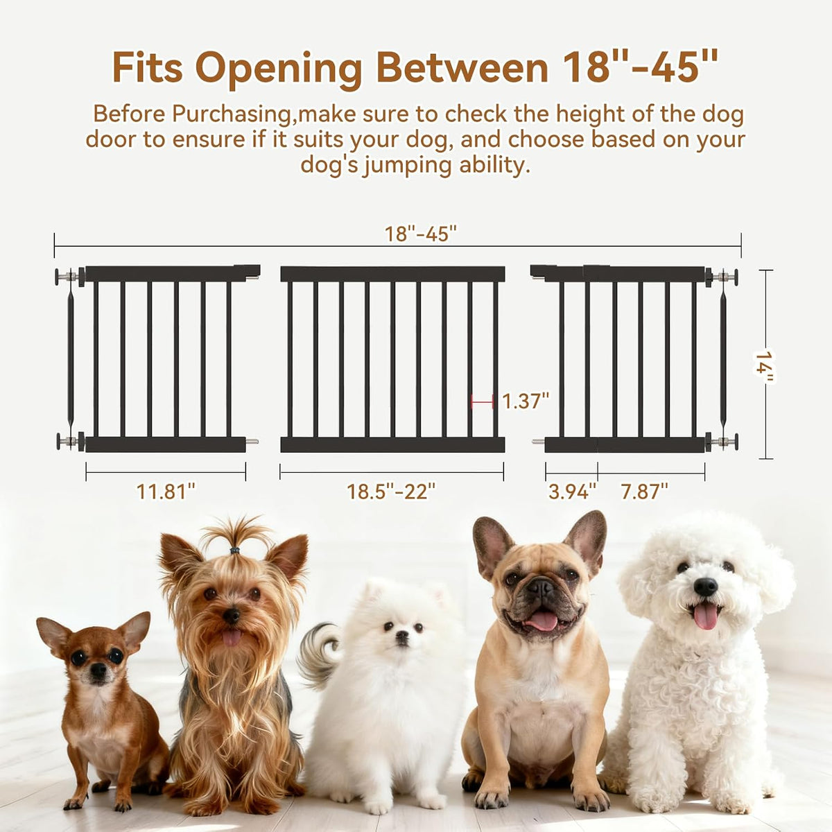 Dog Gate Indoor,18"-45" Adjustable Extra Wide Metal Short Dog Gate to Step Over, 10" Tall Small Pet - 18-45''W*14''H / Black - image 2