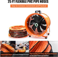 dreamdragon 8" High-Velocity Portable Utility Blower Fan, Industrial Exhaust Fan with 25ft Flexible Duct Hose, 3150 RPM Low-Noise Ventilator for Basements, Workshops, Warehouses, and Confined Spaces