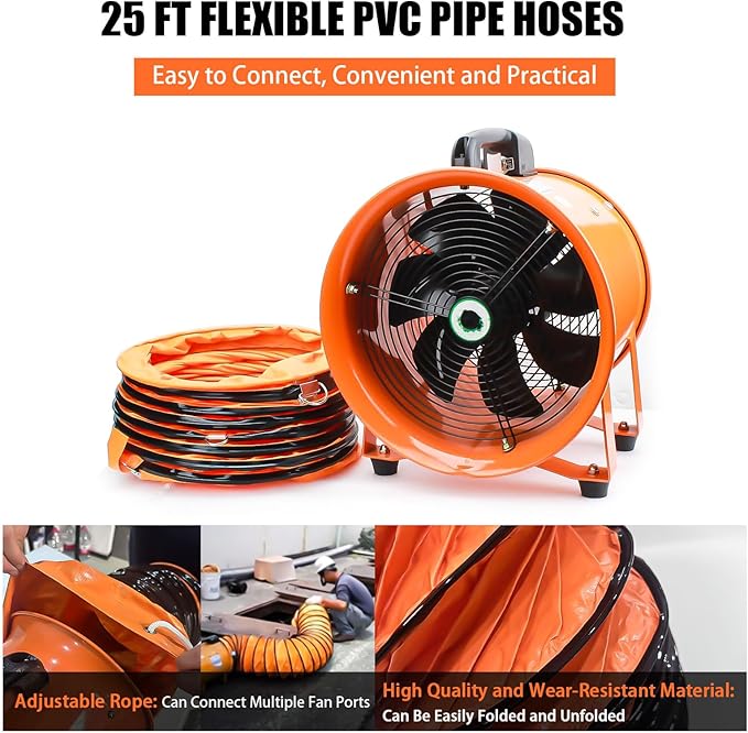 dreamdragon 8" High-Velocity Portable Utility Blower Fan, Industrial Exhaust Fan with 25ft Flexible Duct Hose, 3150 RPM Low-Noise Ventilator for Basements, Workshops, Warehouses, and Confined Spaces