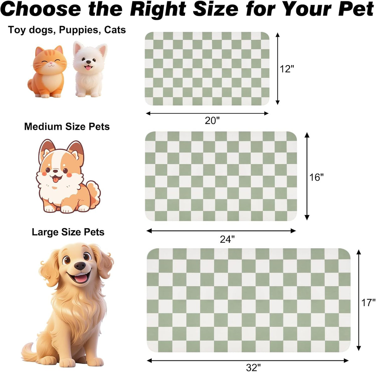 CooRug Checkered Dog Food Mat, Pet Feeding Mat 20" L x 12" W - Green / 24"L x 16"W - image 2