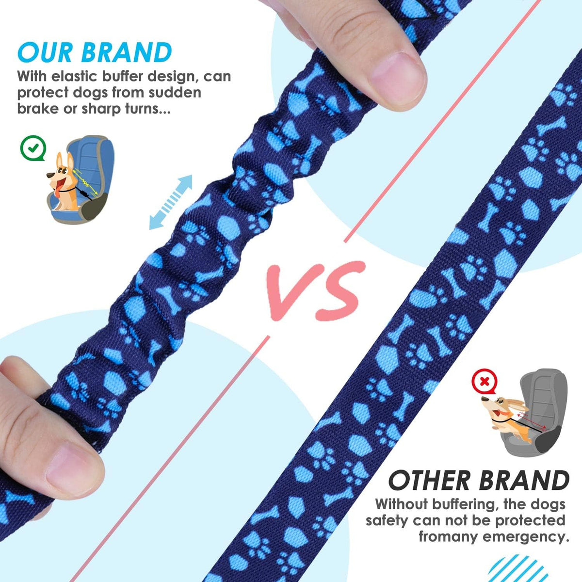 SlowTon Double Dog Seat Belt for Car with Elastic Bungee Buffer - I.Blue Paws / 2 Small in 1 - image 4