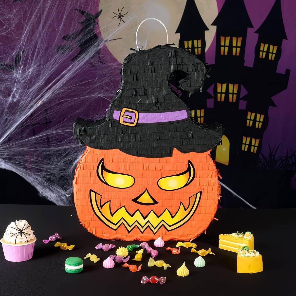 WERNNSAI Halloween skull pumpkin piñata in orange and black with spooky face - view 9