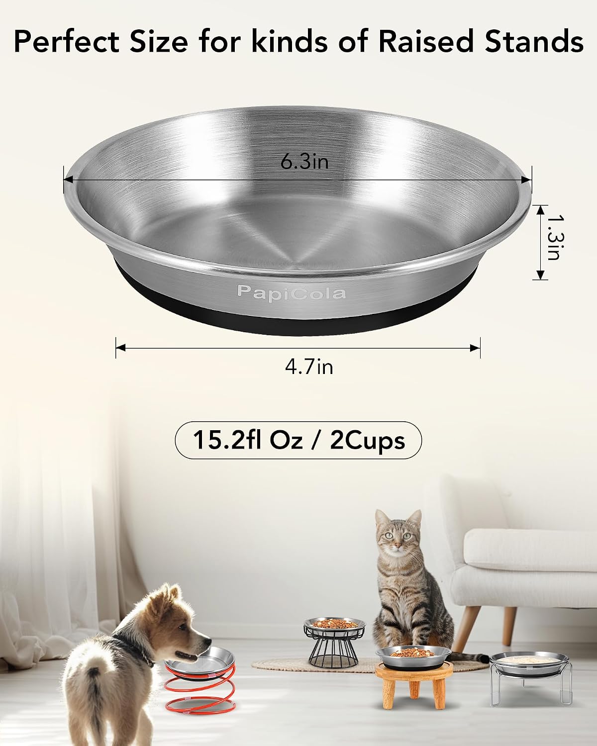 Stainless Steel Cat Bowl 2PC, Non-Slip cat Food Dish - 2 PC-6.3in - image 3