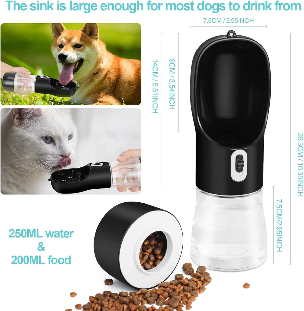 Portable Dog Water Bottle with Food Container Dishwasher Safe-Pink – Essentials for Dogs - Black - image 3