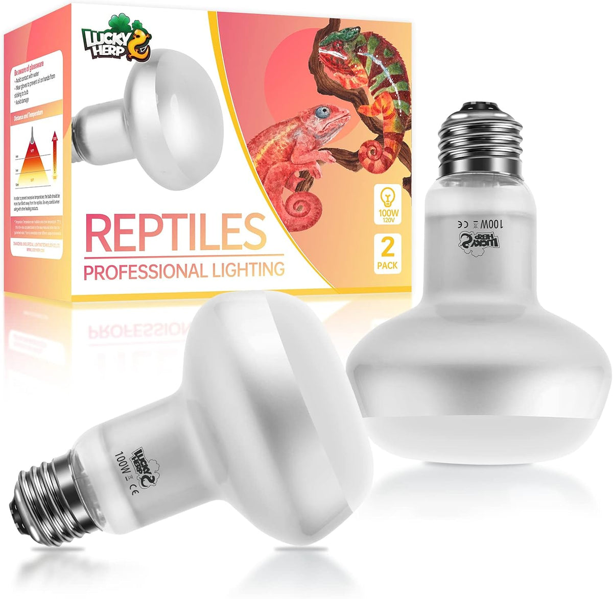 LUCKY HERP Intense Heat Lamp Bulbs for Reptiles 100W 2 Pack - Natural Basking Light Bulb / 100 Watts