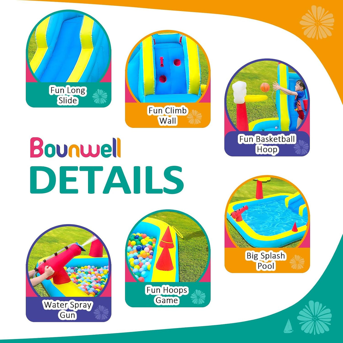 Bounwell inflatable water slide with climbing wall, basketball hoop, water cannon and splash pool - view 3